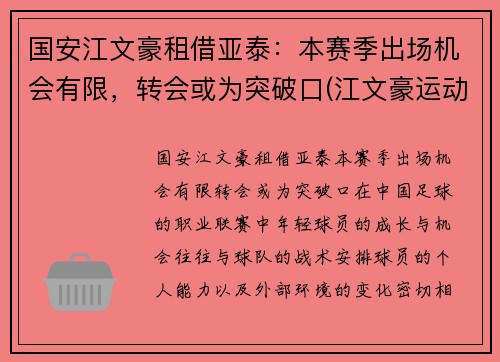 国安江文豪租借亚泰：本赛季出场机会有限，转会或为突破口(江文豪运动员)