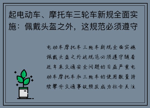 起电动车、摩托车三轮车新规全面实施：佩戴头盔之外，这规范必须遵守！