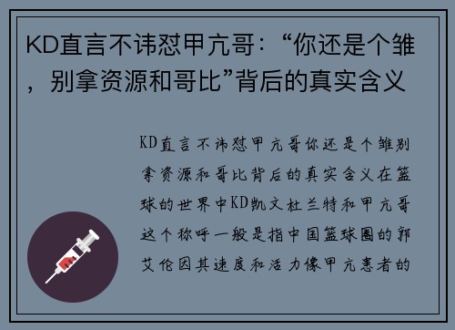 KD直言不讳怼甲亢哥：“你还是个雏，别拿资源和哥比”背后的真实含义