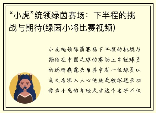 “小虎”统领绿茵赛场：下半程的挑战与期待(绿茵小将比赛视频)