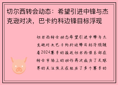 切尔西转会动态：希望引进中锋与杰克逊对决，巴卡约科边锋目标浮现