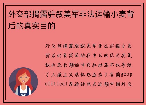 外交部揭露驻叙美军非法运输小麦背后的真实目的
