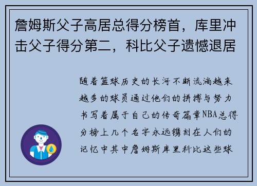 詹姆斯父子高居总得分榜首，库里冲击父子得分第二，科比父子遗憾退居第三