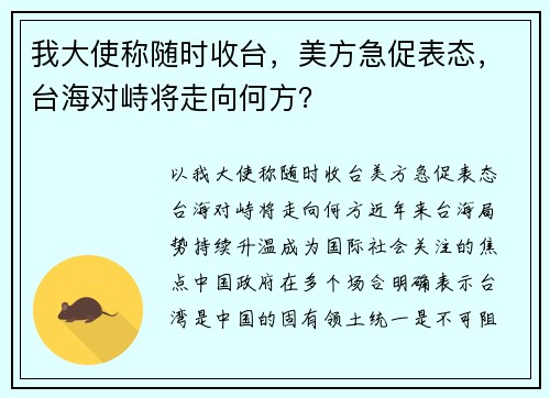 我大使称随时收台，美方急促表态，台海对峙将走向何方？